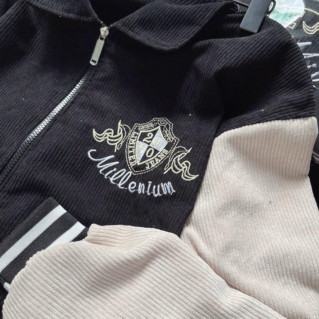 Áo Khoác Bomber Nhung Gân Tăm Thêu 2000 Jacket Varsity Unisex Form Rộng Ulzzang NUPAKACHI