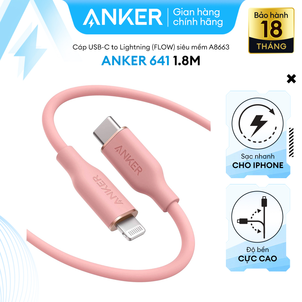 Cáp sạc ANKER PowerLine III Flow USB-C TO lightning dài 1.8M - A8663 - Hỗ trợ sạc nhanh thông qua củ sạc PD hoặc PiQ 3.0