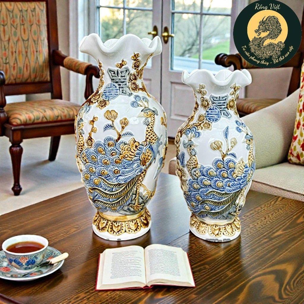 Lọ Lộc Bình Men Trắng Đắp Nổi RỒNG VIỆT- Bình Trang Trí Phong Thủy Bát Tràng Tinh Tế