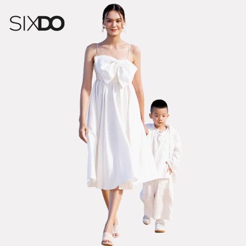 Đầm hai dây nơ ngực linen SIXDO