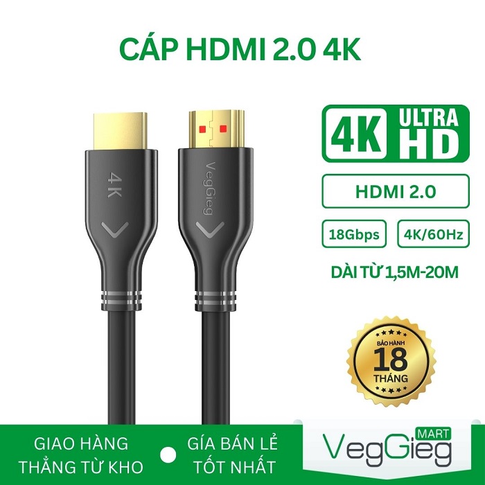 Cáp HDMI 4K VegGieg 10m, 15m, 20m hàng chính hãng