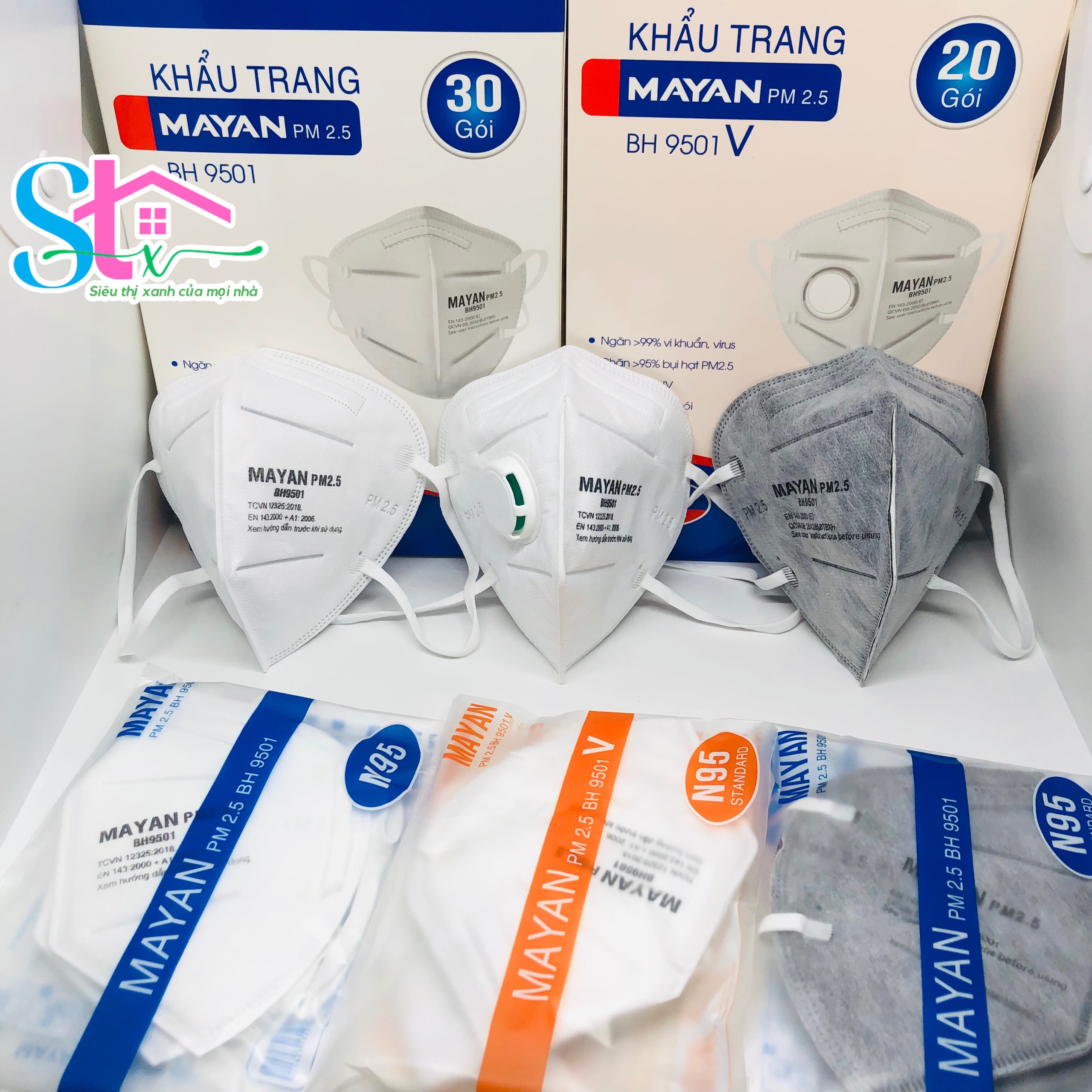 (20 cái) Khẩu trang Mayan PM2.5 BH9501 đệm mũi lọc kháng khuẩn than hoạt tính, Khẩu trang N95 BH9501V có van thở