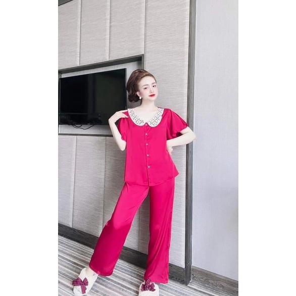 Đồ Ngủ Lụa Satin Quần Dài, Bộ mặc Nhà Cổ ren Tay Xòa Chất Vải Mát, Ít Nhăn Phom Thoải Mái, Dưới 58kg