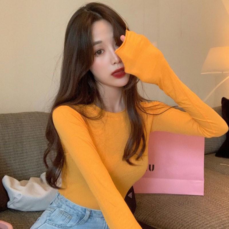 Áo thun tay dài màu trơn xinh xắn cho nữ