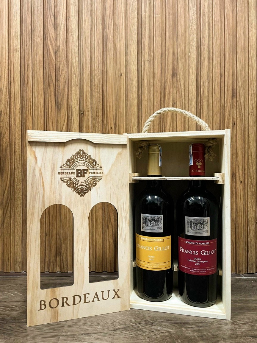 [Set quà tặng hộp gỗ] 2 chai rượu vang Pháp Francis Gillot nhập khẩu