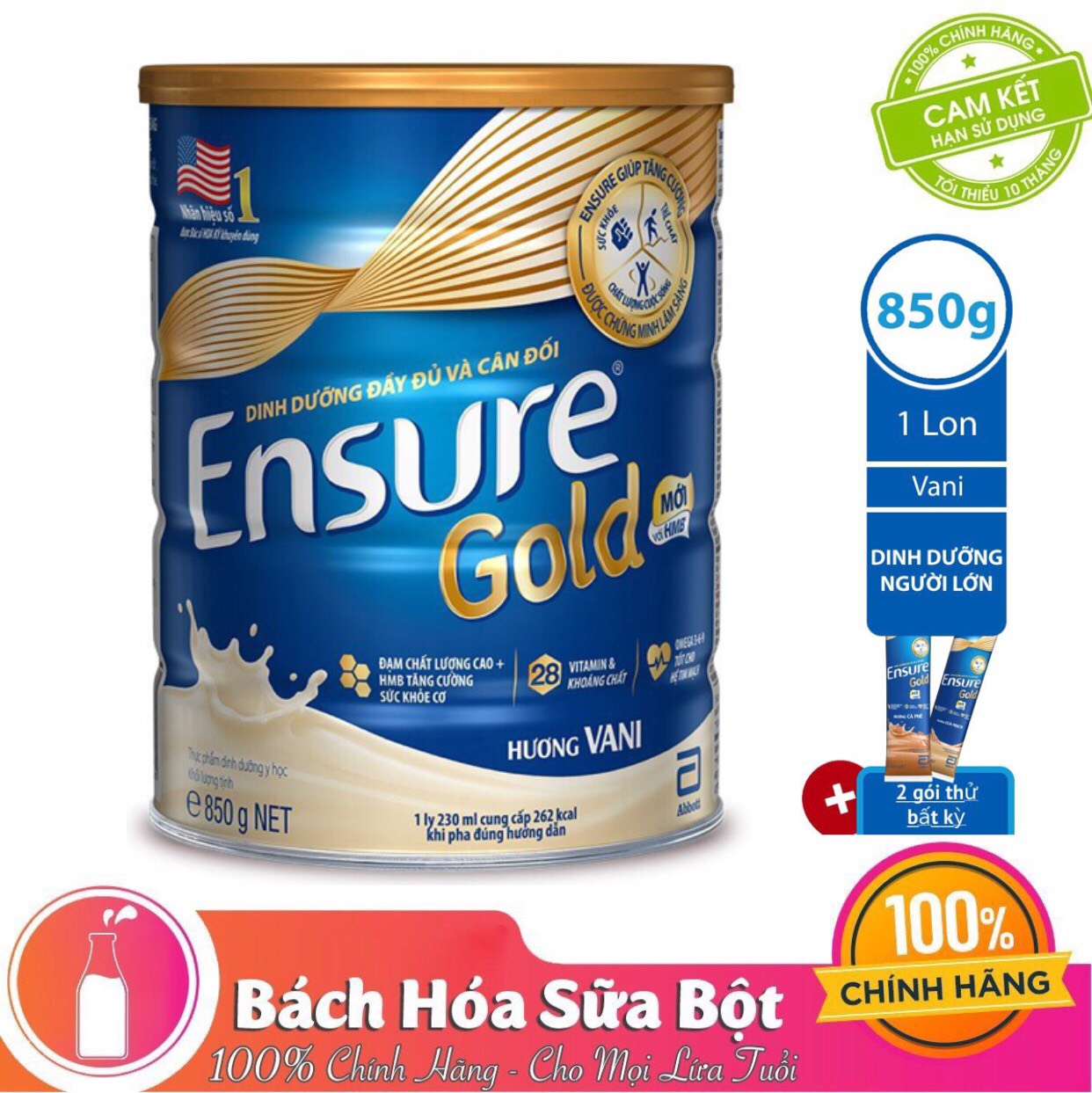 Sữa Bột Abbott Ensure Gold ESLA Dinh Dưỡng Đầy Đủ Và Cân Đối (850g) - Tặng 2 Gói Ensure Gold Hương Cà Phê 60,6g