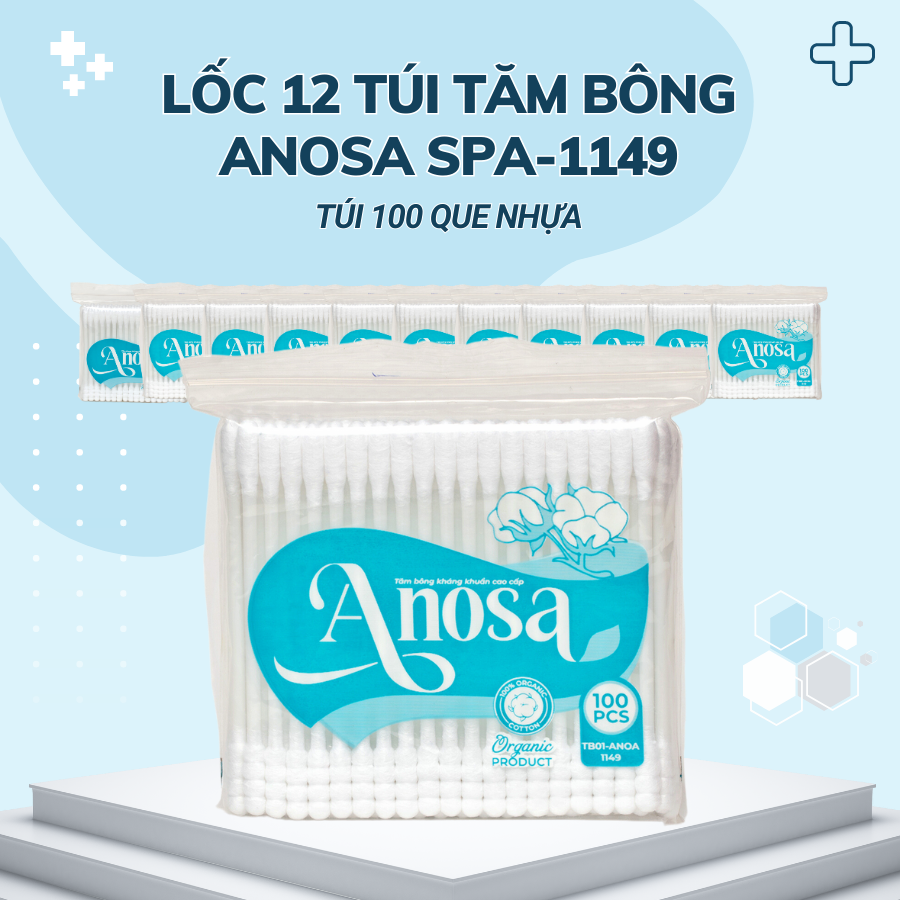 Lốc 12 túi Tăm bông Anosa người lớn thân nhựa túi 100 que TB01-1149