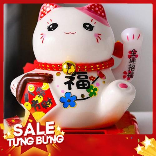 Mèo Thần Tài Vẫy tay năng lượng mặt trời bằng sứ 10cm