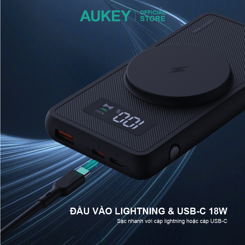 Pin dự phòng 10000mAh sạc nhanh 22.5W và sạc không dây 15W Aukey PB-WL01i, hàng chính hãng