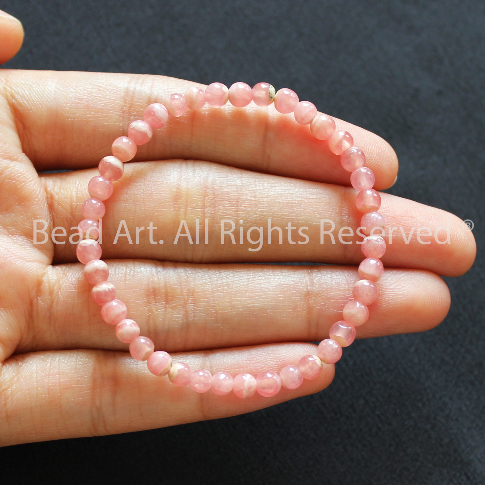 Vòng Tay 4MM Đá Đào Hoa Tự Nhiên Màu Hồng, Rhodochrosite Loại A Vân Trắng, Vòng Tay Phong Thuỷ, Chuỗi Hạt, Mệnh Hoả, Thổ - Bead Art