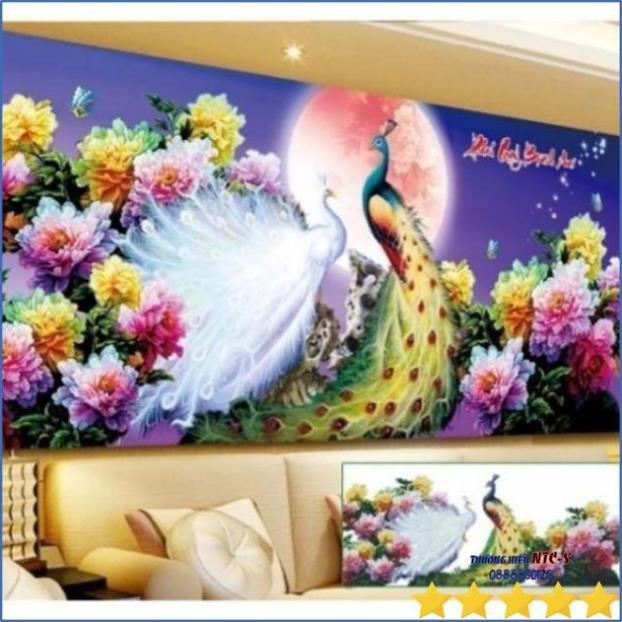 Tranh đính đá chim công phú quý bình an KT 120x60cm