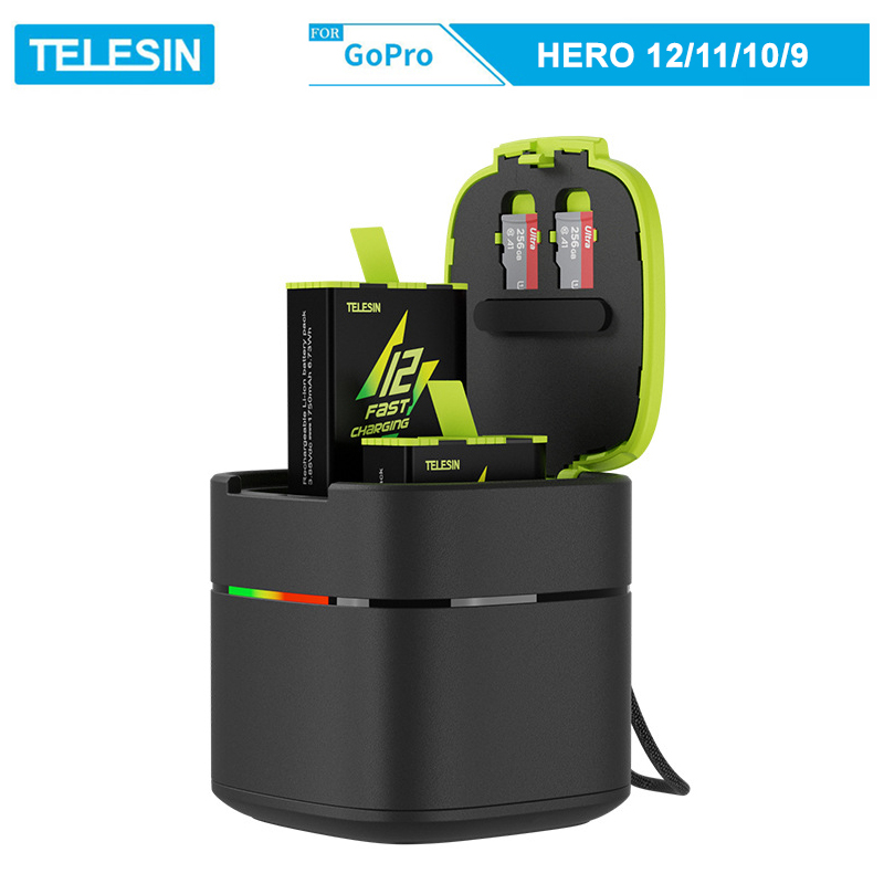 Combo dock sạc nhanh TELESIN + 2 pin Telesin Fast Charging dùng cho GoPro Hero 12/11/10/9