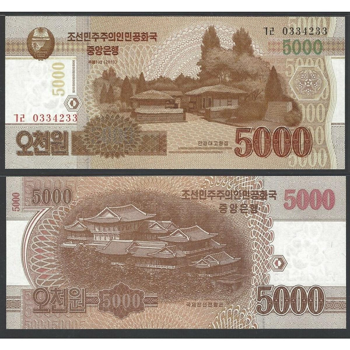 Tờ 5000 Won của Bắc Triều Tiên hình ngôi nhà của Kim lãnh tụ, tiền châu Á , Mới 100% UNC
