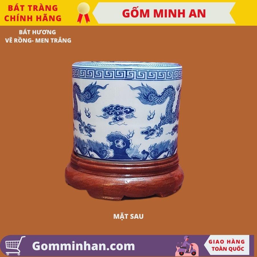 Bát Hương Thờ Vẽ Tay Song Long Chầu Nguyệt Men Trắng Cao Cấp- Gốm Sứ Bát Tràng- Gốm Minh An