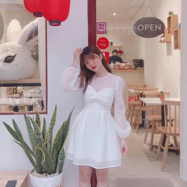 Đầm Trắng Nơ Ngực Tay Dài