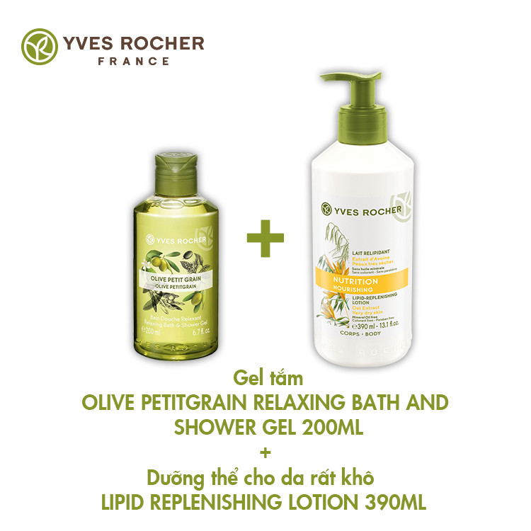 Combo Gel tắm Yves Rocher Bath &amp; Shower Gel 200 ml - Olive Lemongrass + Sữa Dưỡng Thể Dành Cho Da Khô Và Rất Khô Yves Rocher Nutrition Lipid Replenishing Lotion 390ml