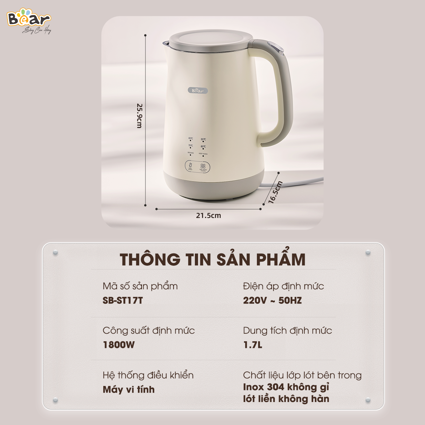 Ấm Đun Siêu Tốc Giữ Nhiệt Bear SB-ST17T 1800W Dung Tích 1,7L Cảm Ứng Dễ Dàng Sử Dụng - Hàng chính hãng