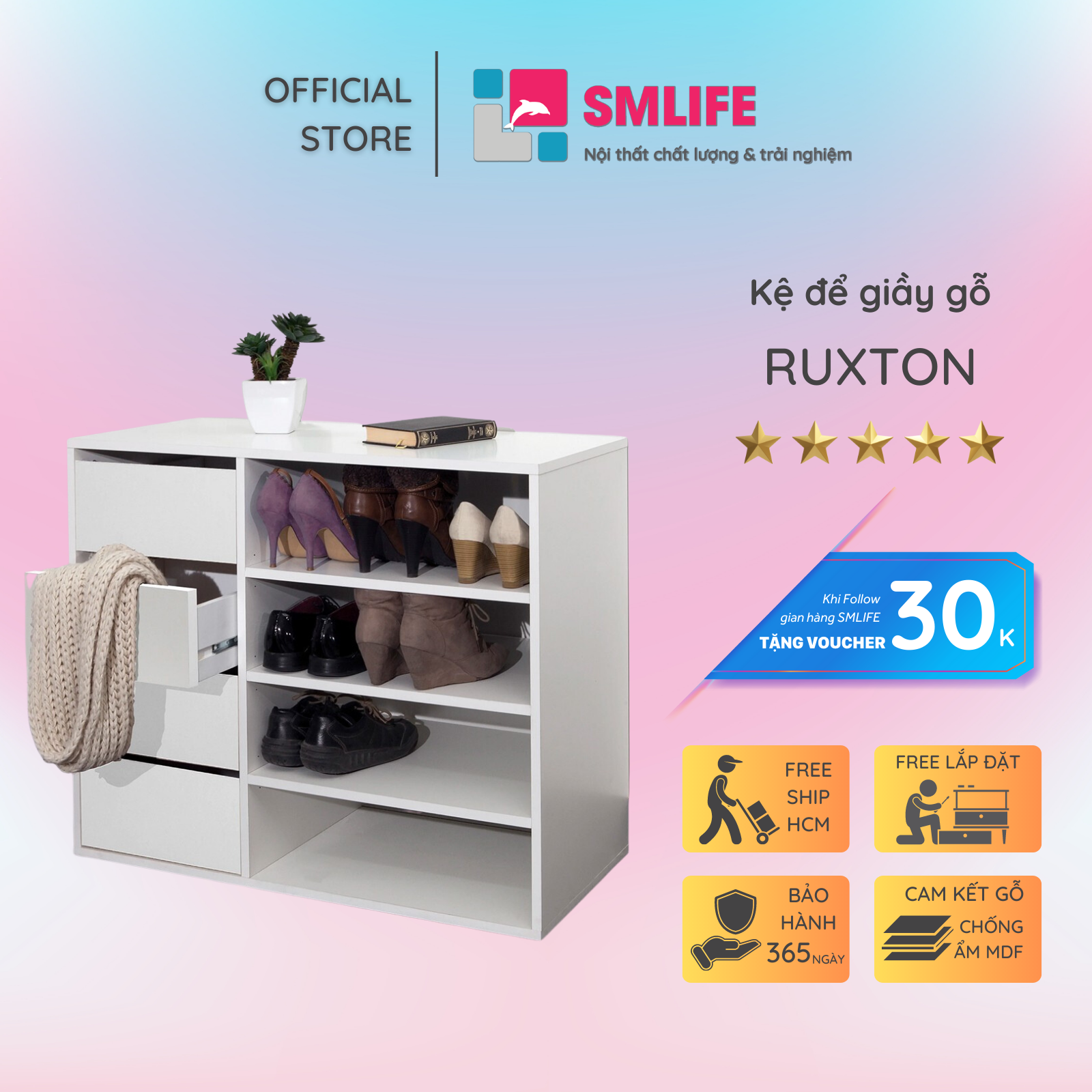 Kệ để giầy gỗ hiện đại SMLIFE Ruxton | Gỗ MDF dày 17mm chống ẩm | D90xR40xC75cm