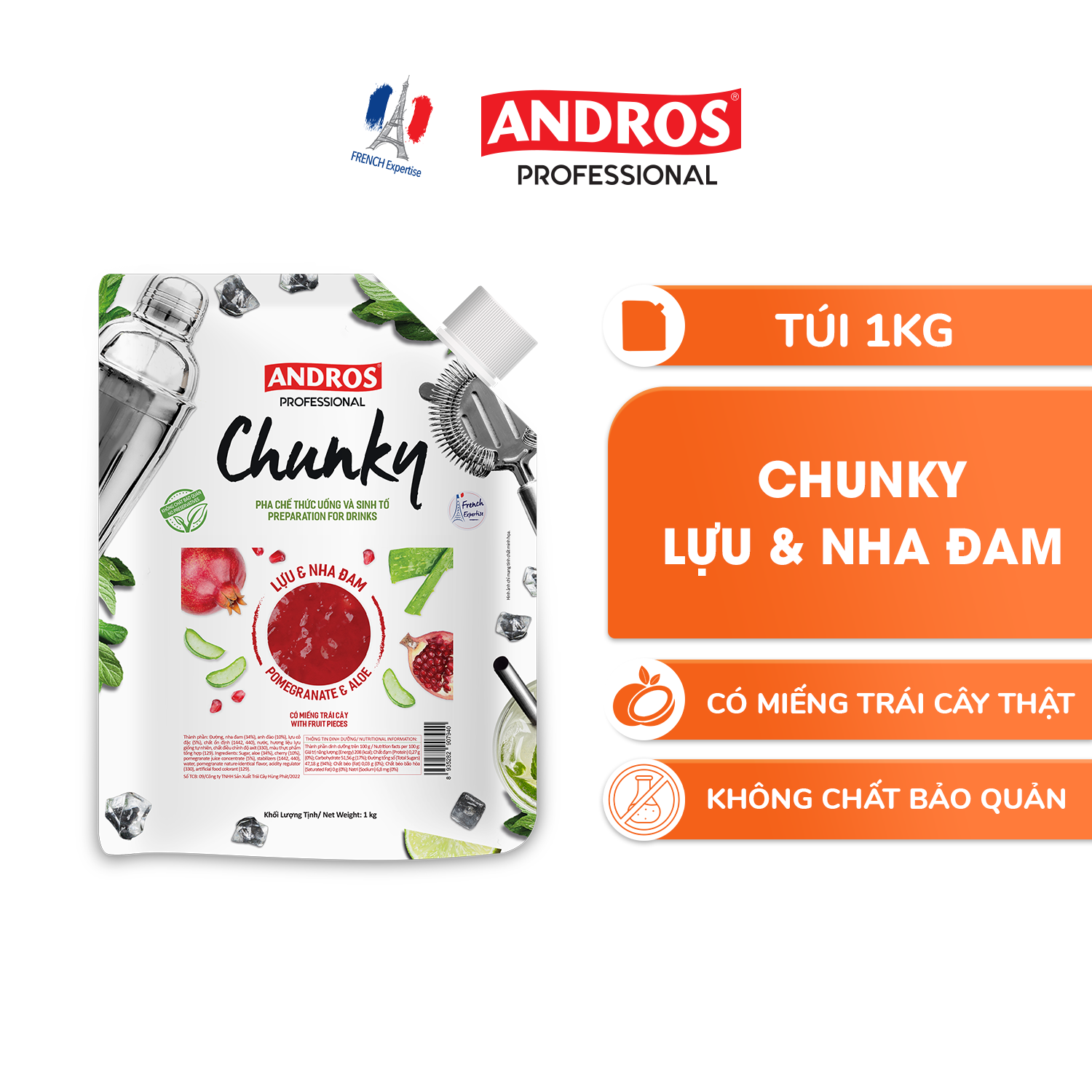 Chunky Lựu &amp; Nha Đam - Nguyên Liệu Pha Chế - ANDROS CHUNKY - 1 KG