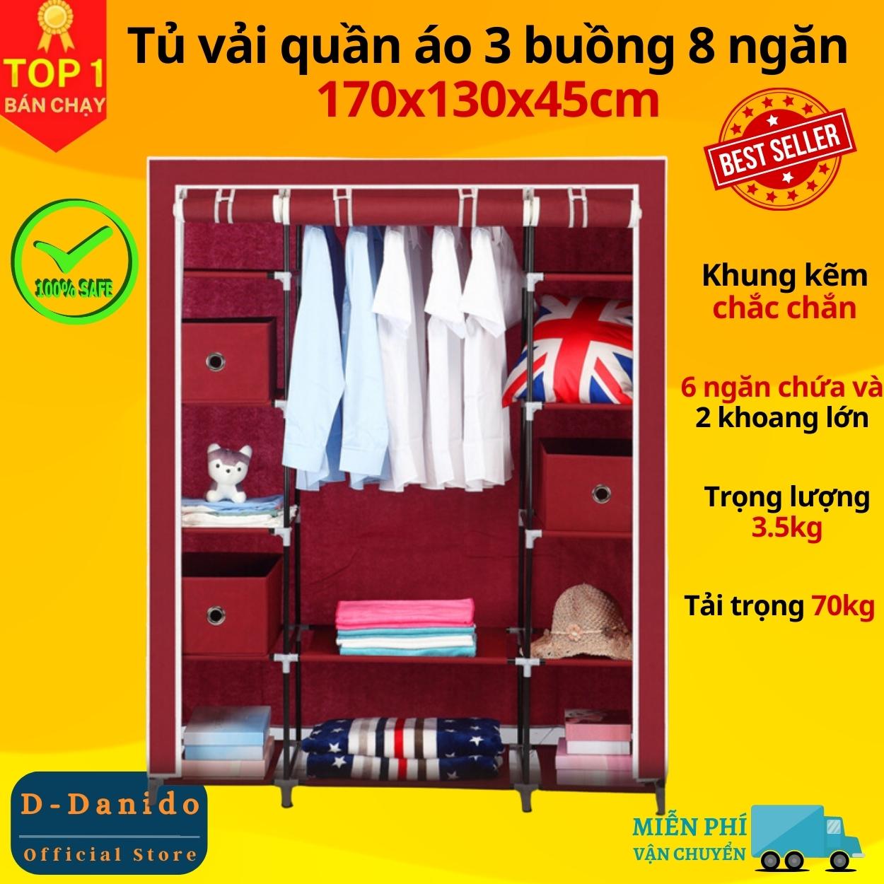 Tủ Vải Quần Áo 3 Buồng 8 Ngăn, Tủ Quần Áo Khung Inox To, Bền - Hàng Chính Hãng