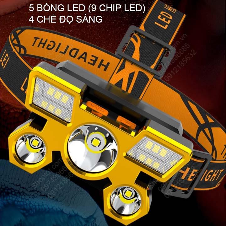 Đèn Pin LED siêu sáng đội đầu 5 bóng led-9 chip LED với pin sạc gắn sẵn bên trong