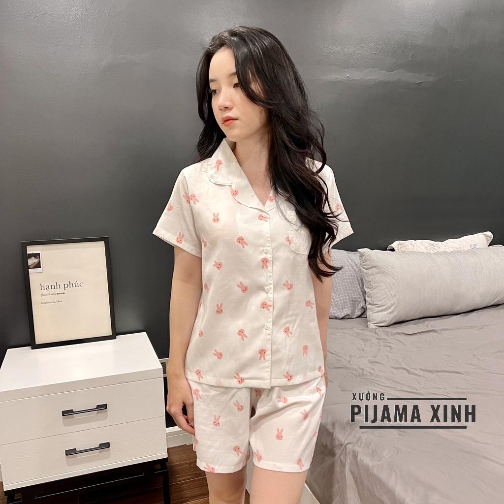 Đồ Bộ Pijama - Chất Đũi Hàn Thỏ Trắng Siêu Xinh, Quần Ngắn Áo Cộc