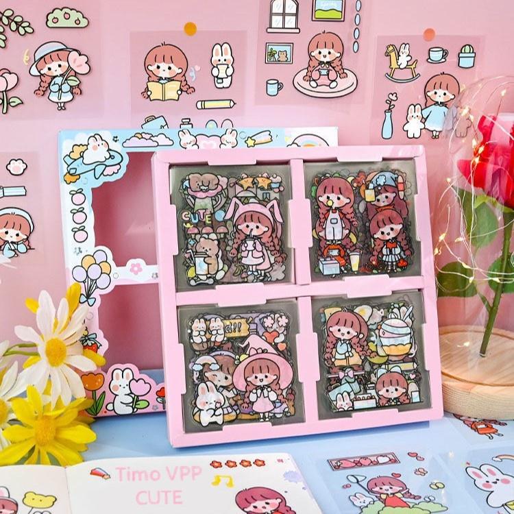 Hộp 100 tấm sticker cute chống nước và dạng hình dán giấy vintage dễ thương trang trí dán sổ 5 mẫu