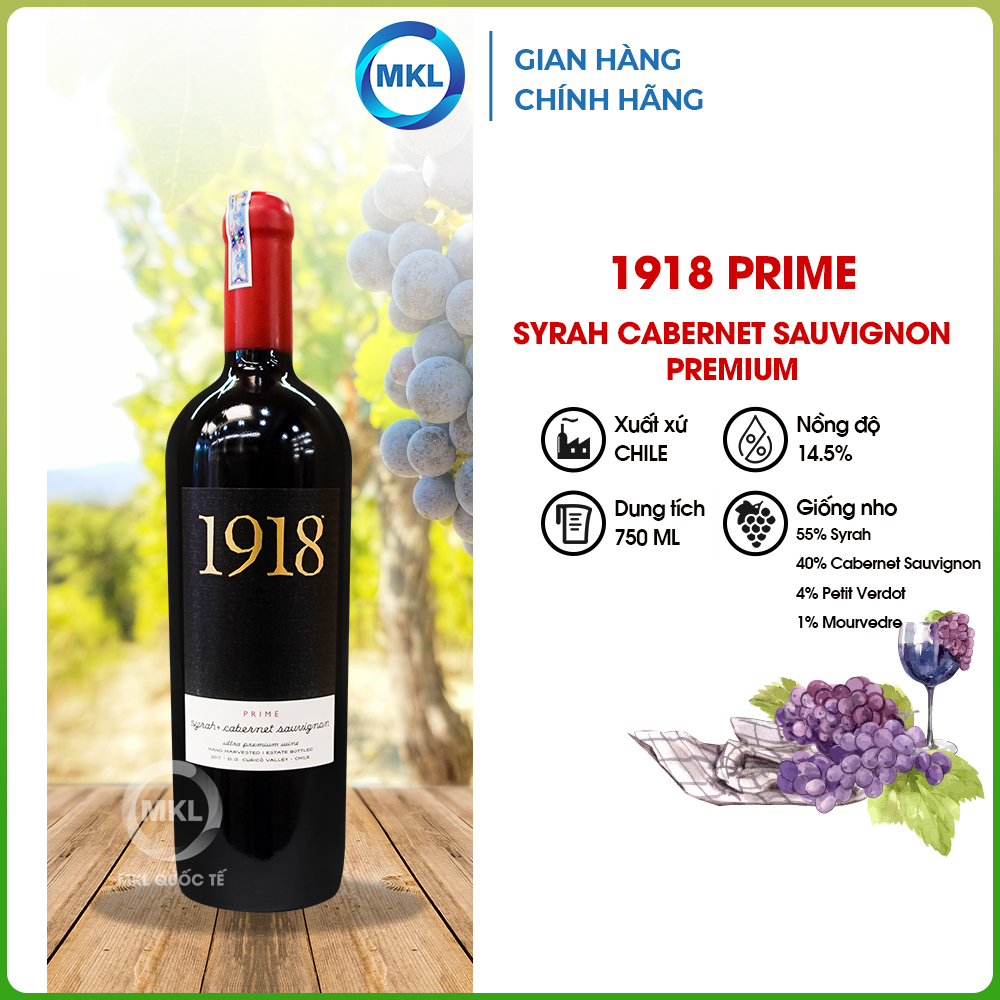 Rượu Vang Đỏ 1918 Prime Syrah Cabernet Sauvignon Premium 750ml 14.5% - Chile - Hàng Chính Hãng