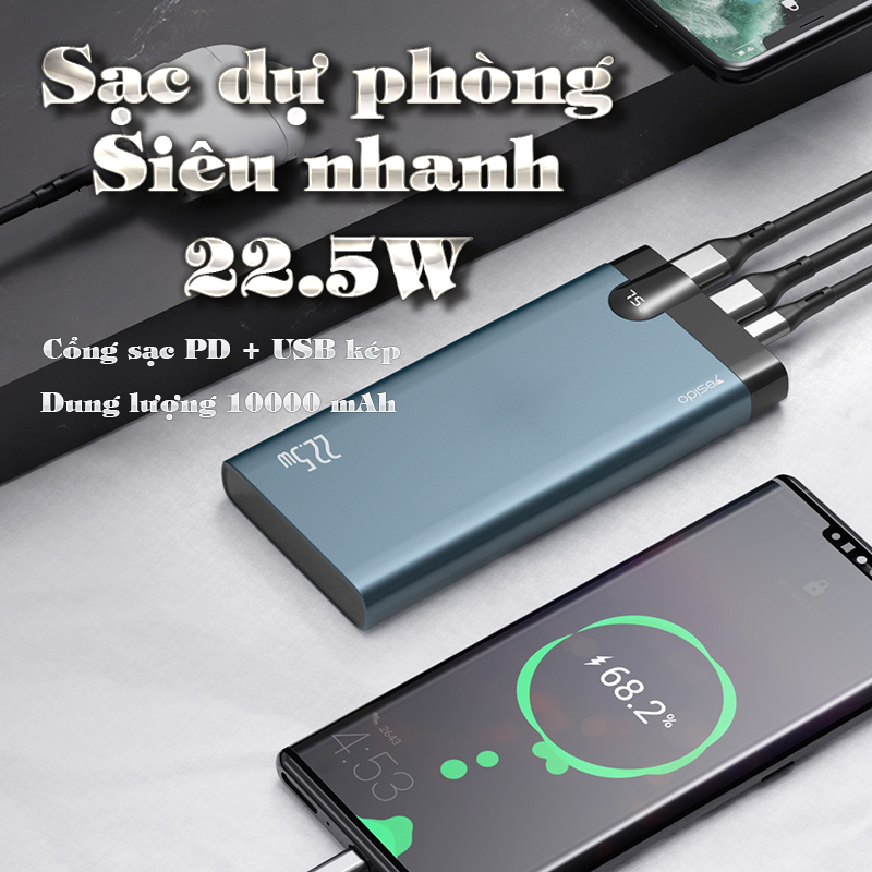 Sạc dự phòng Nhanh hai chiều 22.5W Yesido YP-24 Dung lượng 10000mAh Hàng Nhập Khẩu