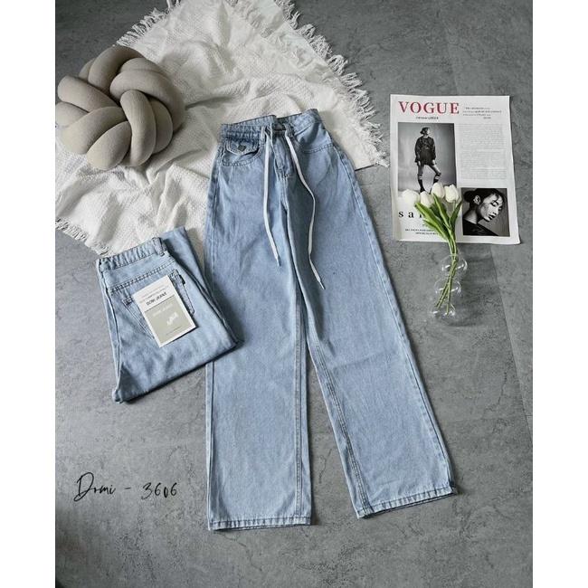 Quần baggy jean nữ ống suông lưng cao dây rút
