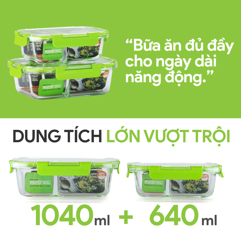 Bộ 2 Hộp Cơm Thủy Tinh Văn Phòng (1040ml và 640ml) 2GOOD MasterSeal Kèm Túi - Hàng Chính Hãng