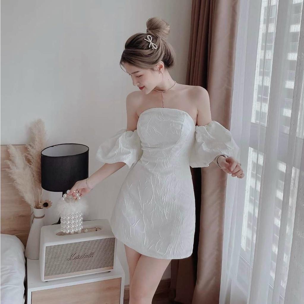 Đầm váy nữ trễ vai cúp ngực họa tiết tay phồng xốp gân ( có mút ngực ) màu trắng thanh lịch , dự tiệc dạo phố Hàn Quốc