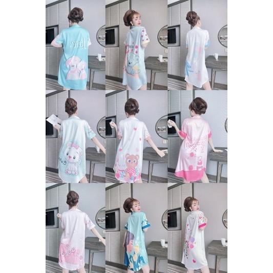 Váy ngủ mặc nhà lụa latin sơ mi hoạ tiết freesize 42-57kg