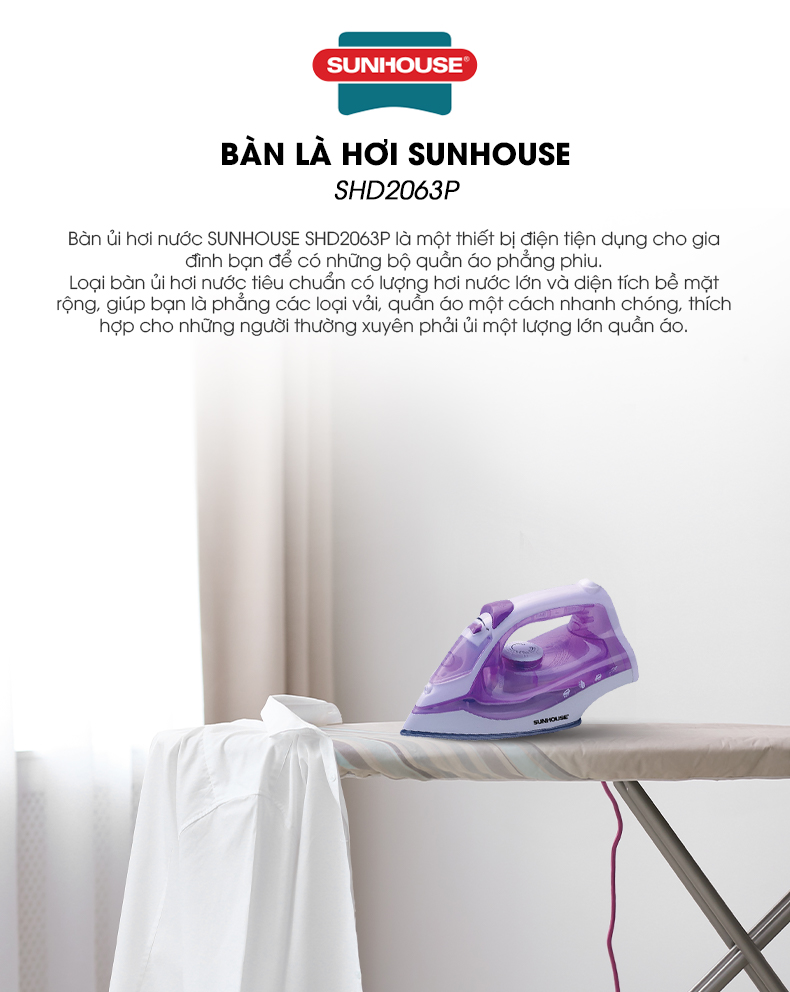 Bàn Ủi Hơi Nước Sunhouse SHD2063P (1600W) – Hàng Chính Hãng KM
