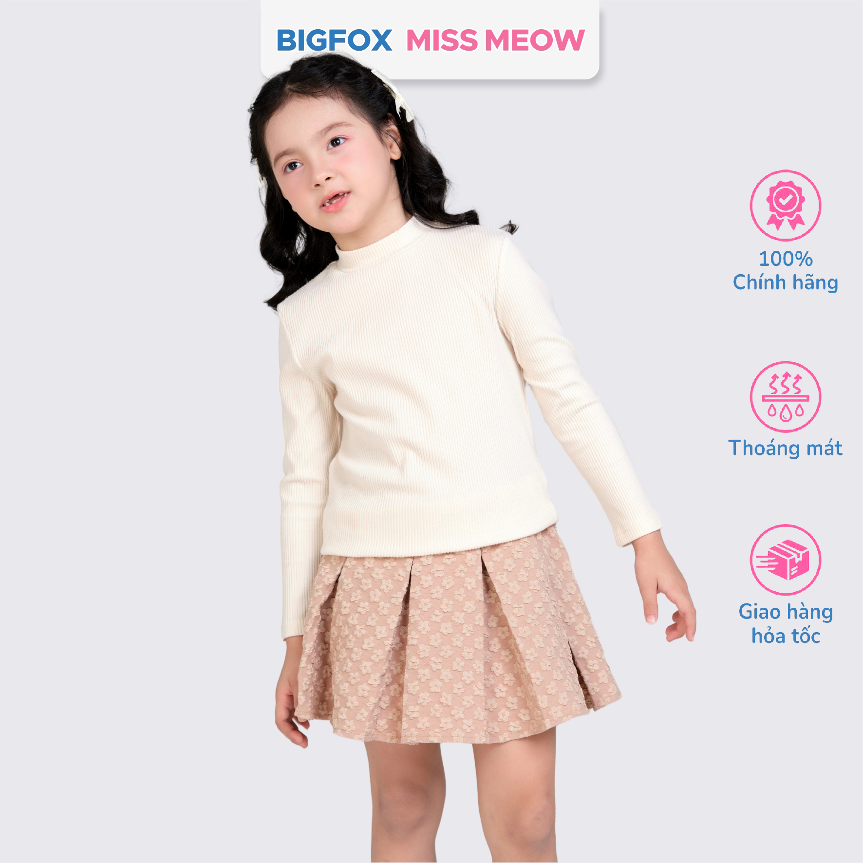 Chân váy bé gái xếp ly Bigfox Miss Meow size đại có quần bảo hộ cho trẻ em 7-11 tuổi 25-35kg
