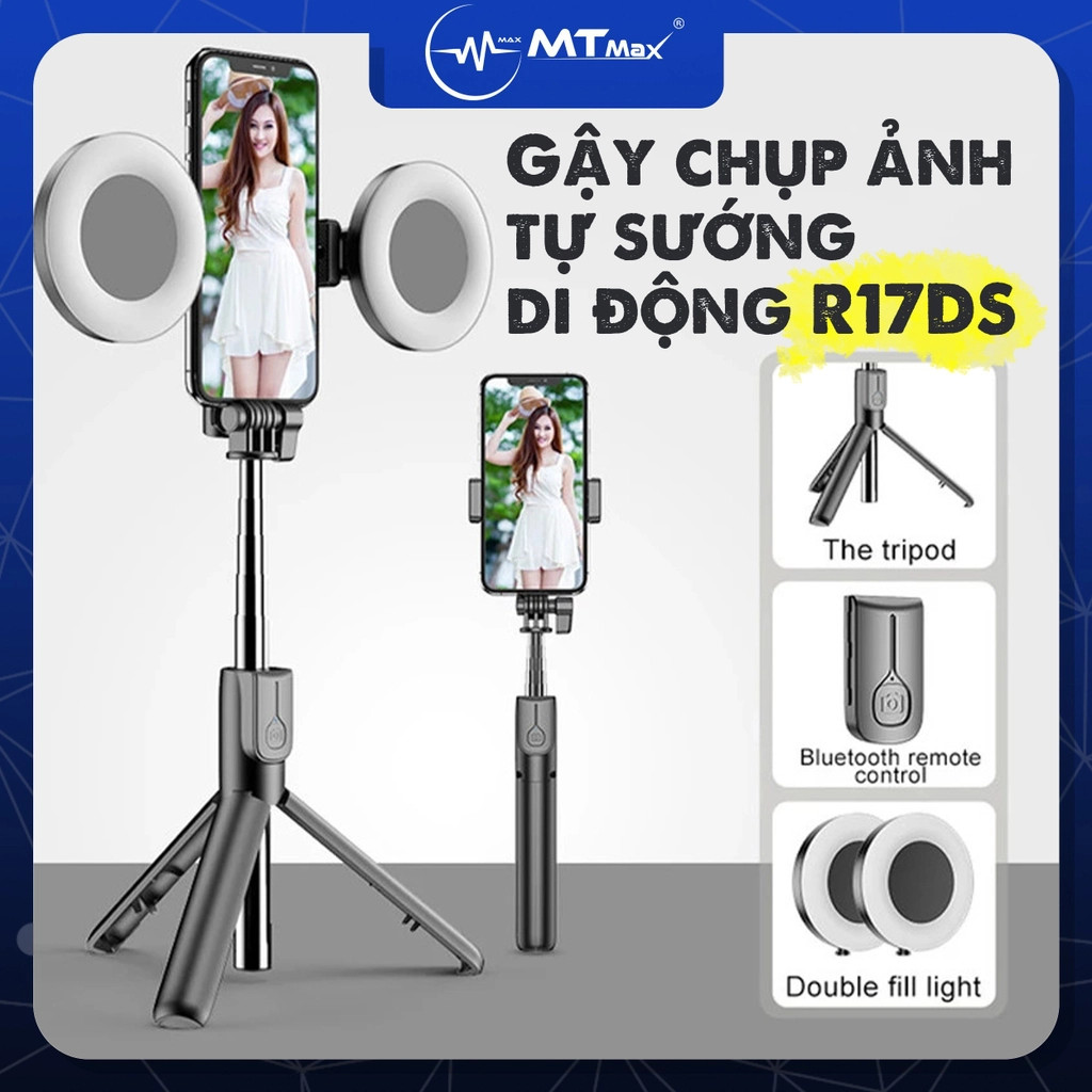 Gậy chụp ảnh tự sướng di động R17DS đa năng đi chơi du lịch xếp gọn giá rẻ 1,75m Chân đế điện thoại có thể thu vào với đèn lắp kép B