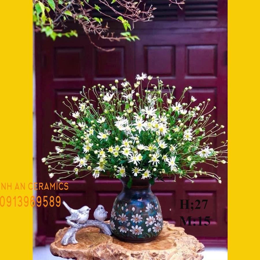 Bình hoa vẽ tay thủ công hoa văn cúc họa mi men mộc gốm sứ Minh An Bát Tràng