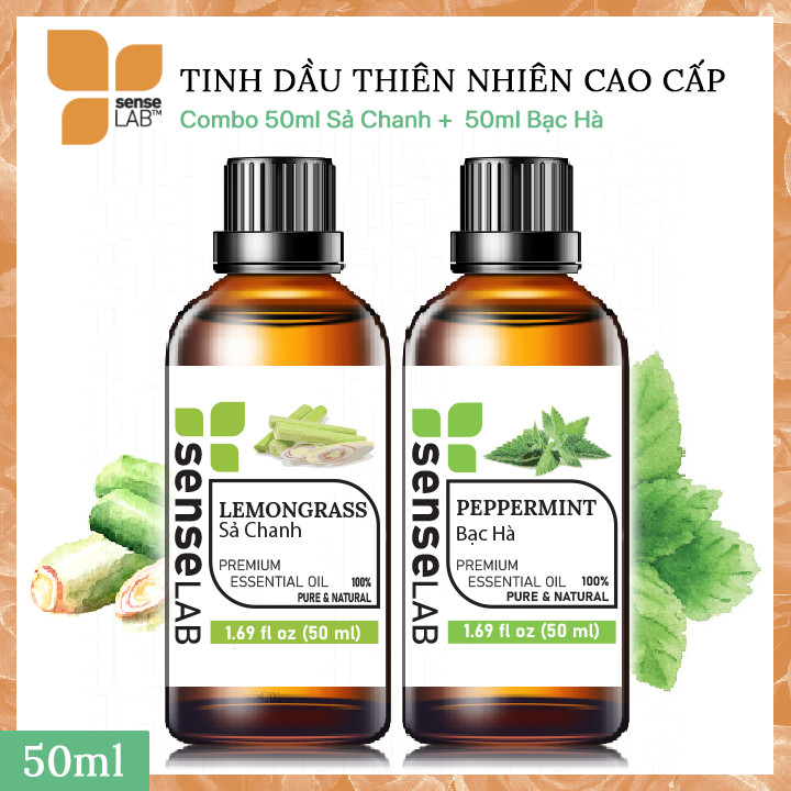 Tinh dầu cao cấp SENSELAB gồm 2 chai tinh dầu nguyên chất: tinh dầu Sả chanh (50ml) + tinh dầu Bạc hà (50ml). Tinh dầu xông phòng nhập khẩu