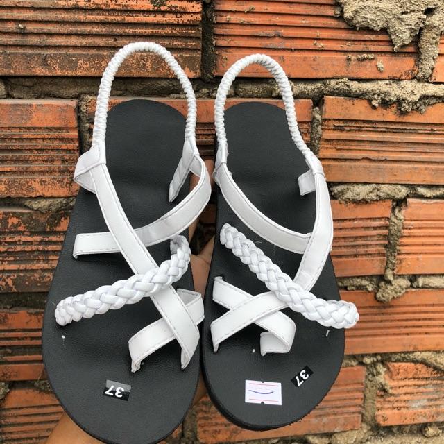 Sandal nữ đế đen quai trắng phối bính trắng size từ 34 đến 42