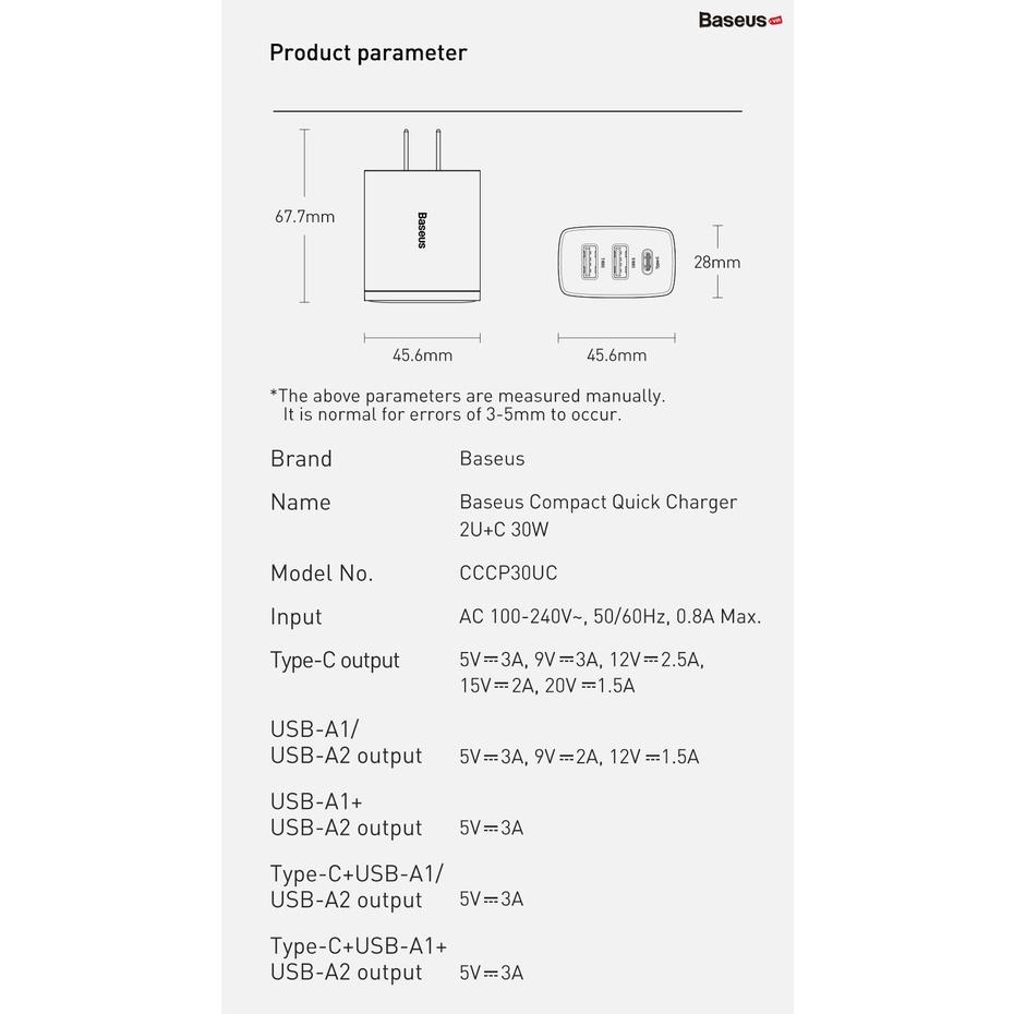 Cốc sạc nhanh 3 cổng Baseus Compact USB dual port + TypeC 30W PD/QC3.0 - Hàng Chính Hãng