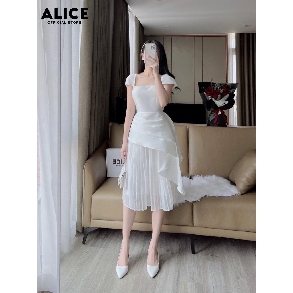 Váy Trắng Tiểu Thư Cổ Vuông ALICE Chất Vải Tafta Cao Cấp Phối Tơ Thiết Kế Tay Cánh Tiên Phối Dập Ly V790