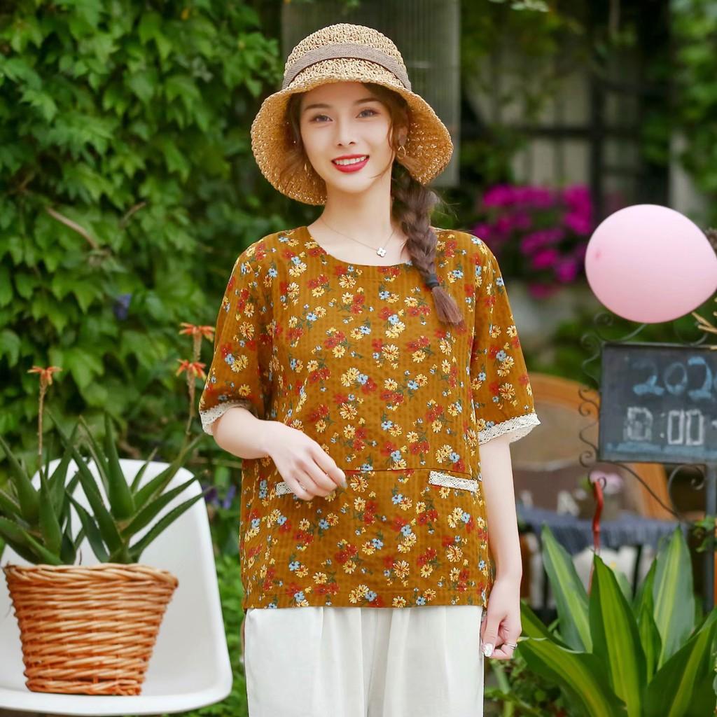 ÁO MORI HOA NHÍ VẠT CONG TÚI VIỀN REN