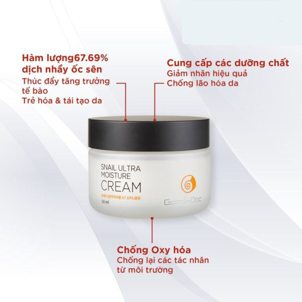 Kem dưỡng da ốc sên GoodnDoc Snail Ultra Moisture Cream 50ml, có tác dụng chống lão hóa, ngăn ngừa các nếp nhăn