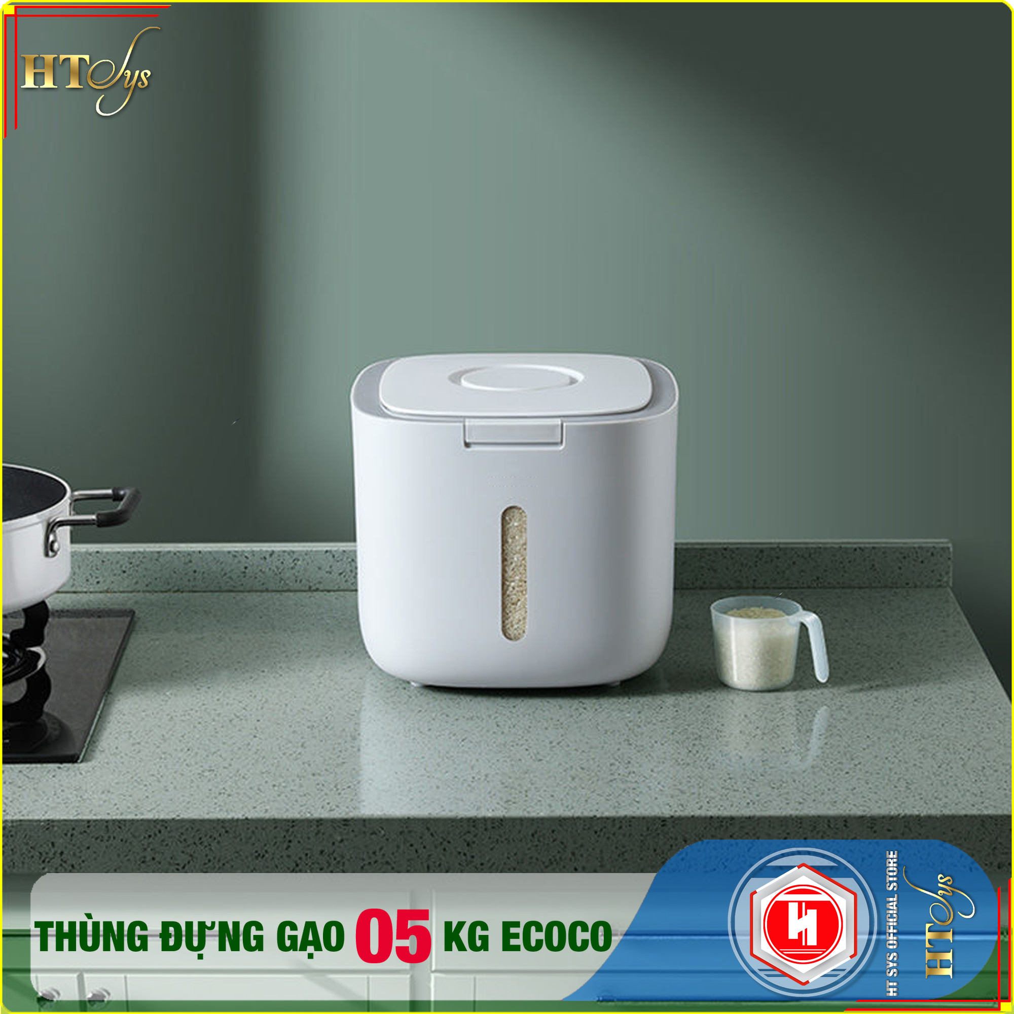 Thùng đựng gạo thông minh 5KG-HT SYS - ECOCO-E2029-Thiết kế dạng nhấn nút-Chống kiến, chống ẩm, chống mọt-Chất liệu ABS cao cấp + 01 Sét móc vàng tài lộc + 04 Khăn Lau [ Hàng Nhập Khẩu ]