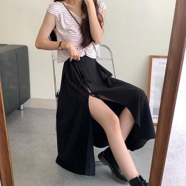 Chân váy dài đen xẻ tà cá tính _ chân váy đen xẻ nơ xoè cá tính phong cách bohee 593