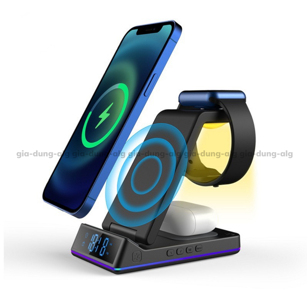 Đế Sạc Không Dây 15W 5 in 1 dành cho 1phone Android - Đế sạc nhanh không dây kiêm đồng hồ báo thức và đèn ngủ