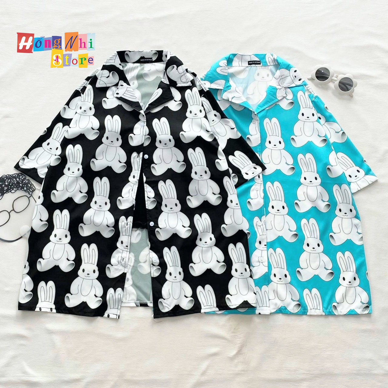 Áo Sơ Mi Hoạ Tiết Đi Biển Con Thỏ Trắng Hoạt Hình Tay Lỡ Dáng Rộng Ulzzang Unisex - MM