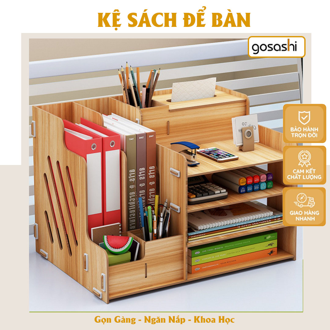 Kệ Để Đồ Văn Phòng Gỗ 6 Ngăn 4 Tầng Kệ Để Tài Liệu Sách Đồ Dùng Học Tập Làm Bằng Gỗ Để Bàn Đa Năng - Giao Màu Ngẫu Nhiên