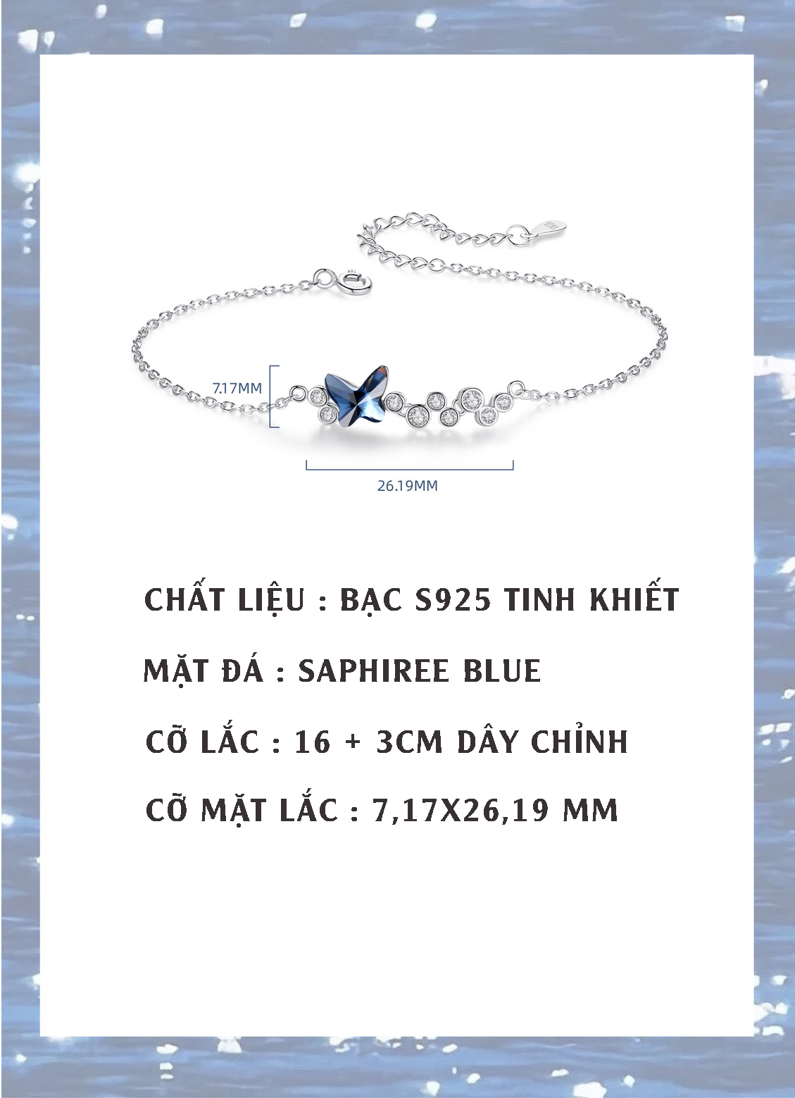 Vòng Tay Nữ Bạc S925 Hồ Điệp Đá Sapphire Xanh Sáng Trọng L2563 - Bảo Ngọc Jewelry