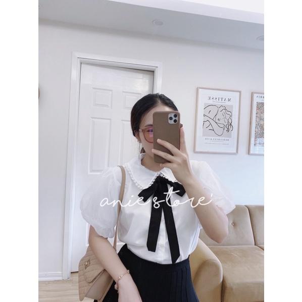 Áo Sơ Mi Babydoll Nữ Voan Tơ Phối Nơ Cổ  Áo Trắng Nữ Cộc Tay Nơ Đính Ngọc Cổ Phối Ren